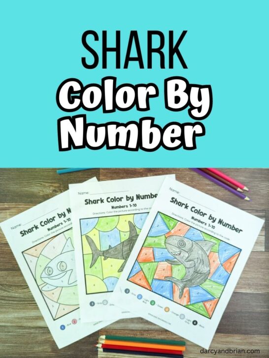Light aqua blue text box at the top with black and white text that says Shark Color By Number. Three printed out pages that are completely colored in are fanned out on wood table with colored pencils around them.