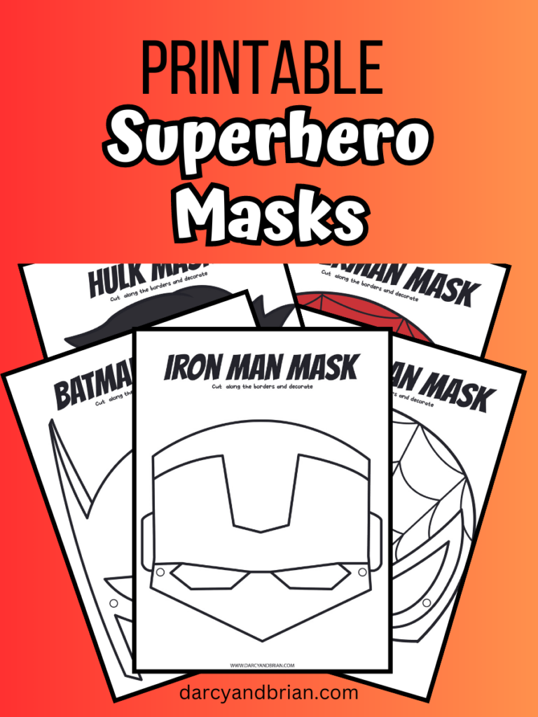 Mockup image showing three black and white mask coloring pages and two full color versions. Text at top of image says Printable Superhero Masks.