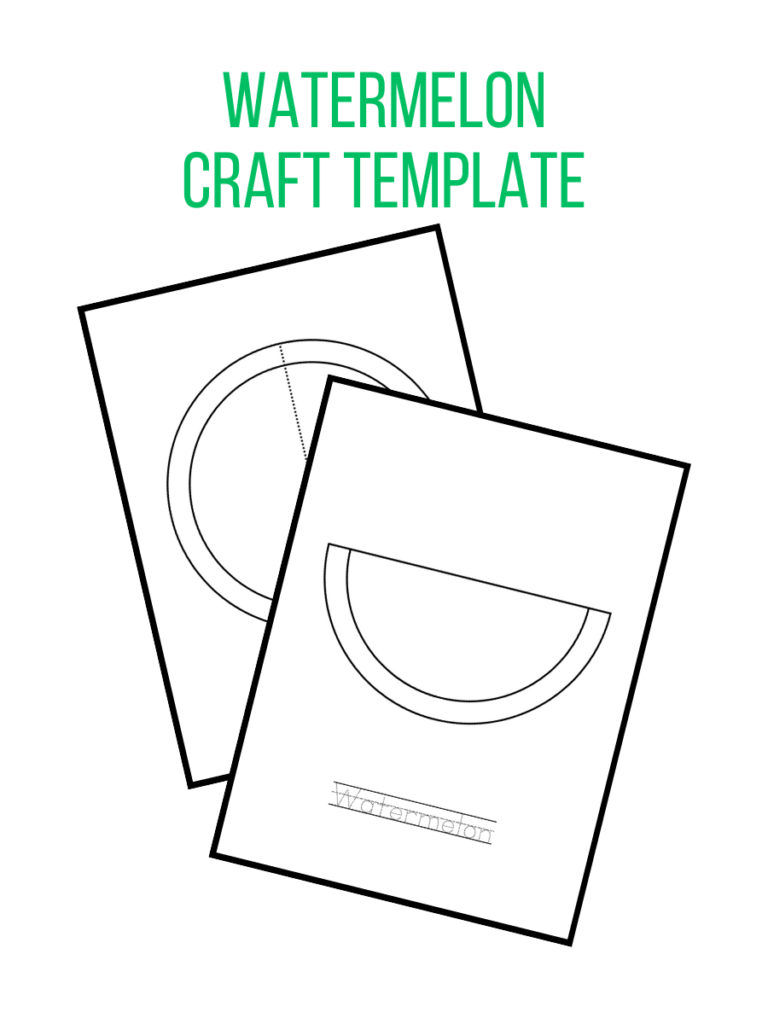 Preview image of two pages for a printable watermelon craft template. One page has a half slice with tracing words below. Other page has a circle layout with a dotted line for cutting it in half.