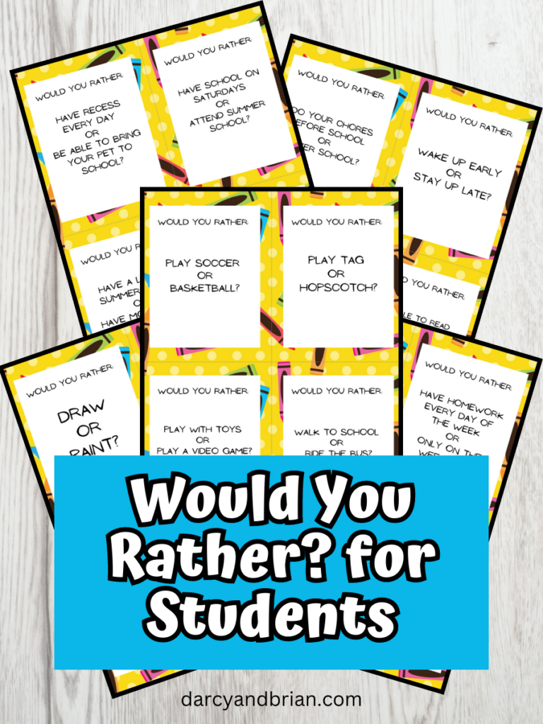 Preview of five pages of Would You Rather Questions for Students printable cards. The mockup images overlap each other with a bright blue text box near the bottom identifying what the game is.