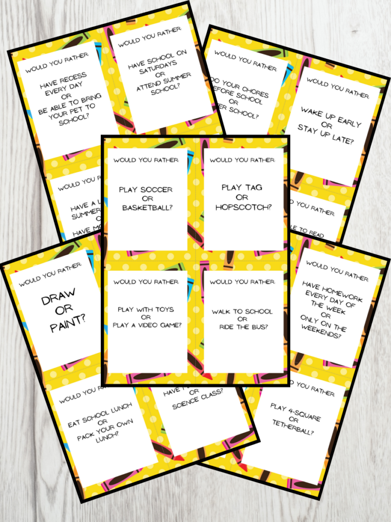 Five overlapping preview images of Would You Rather printable question cards for kids with school themed questions.