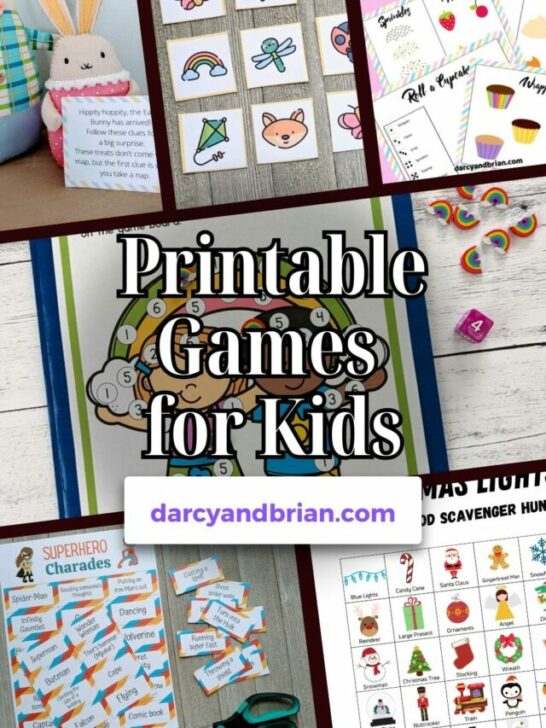 A collage of images for five different printable games for kids.