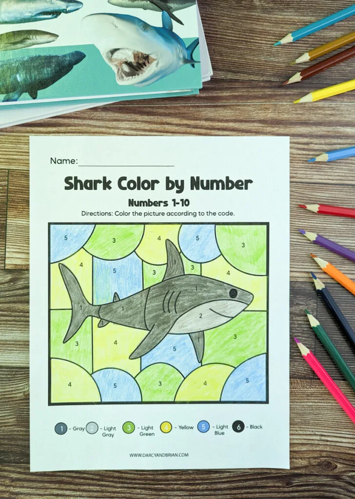 Color by number worksheet with shark picture using numbers 1-10 printed out and colored in. Part of a shark book is in the upper left. Along the right side are assorted colored pencils.