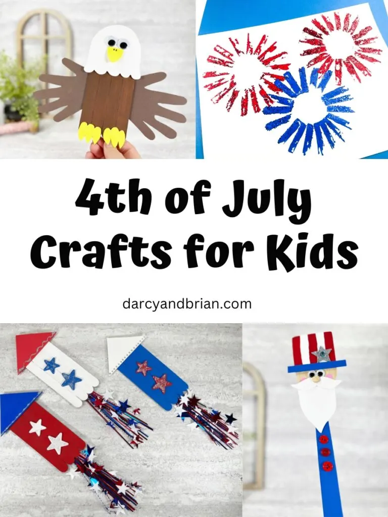 Popsicle stick Bald eagle, toilet paper roll fireworks, popsicle stick fireworks, and wooden spatula Uncle Sam crafts in an image collage for Fourth of July craft projects.