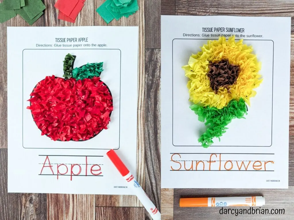 Side by side photos of a tissue paper apple and a tissue paper sunflower.