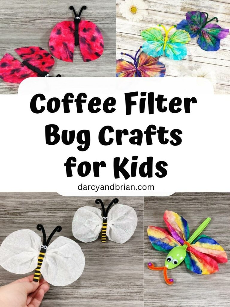Image collage of completed insect crafts made with coffee filters: ladybug, butterflies, bee, and dragonfly.