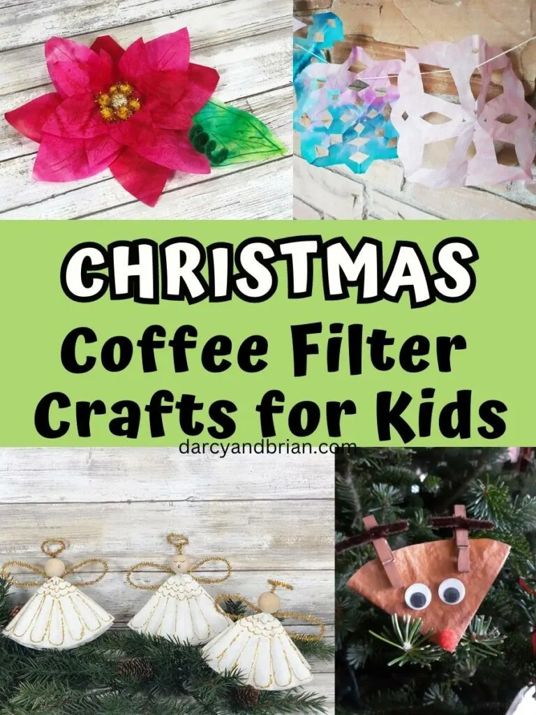 Collage of coffee filter Christmas craft pictures. Includes a poinsettia, snowflakes, angels, and reindeer.