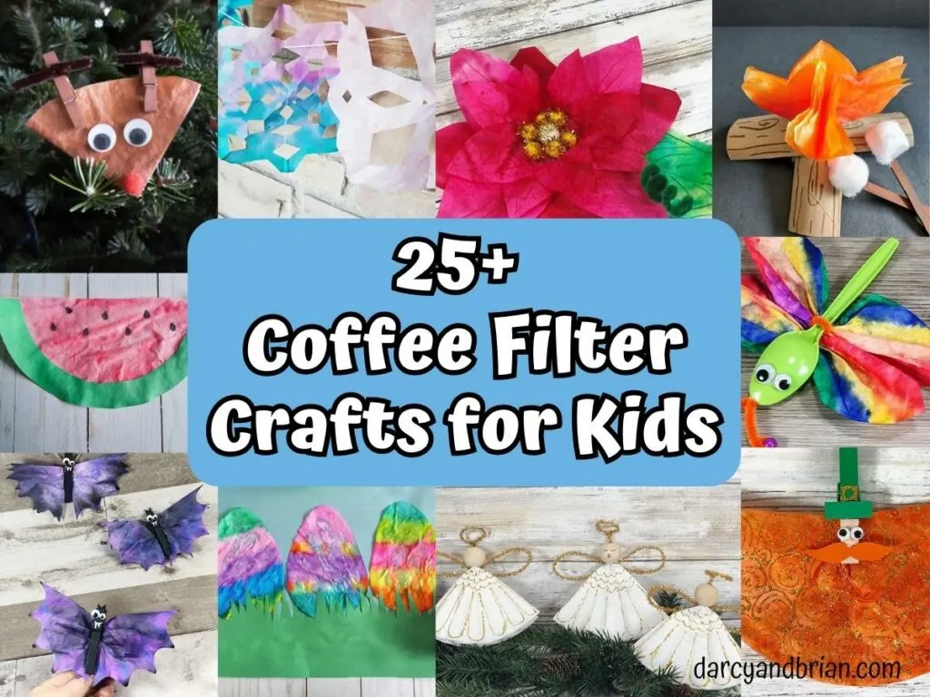 A variety of coffee filter craft projects in a horizontal image collage.