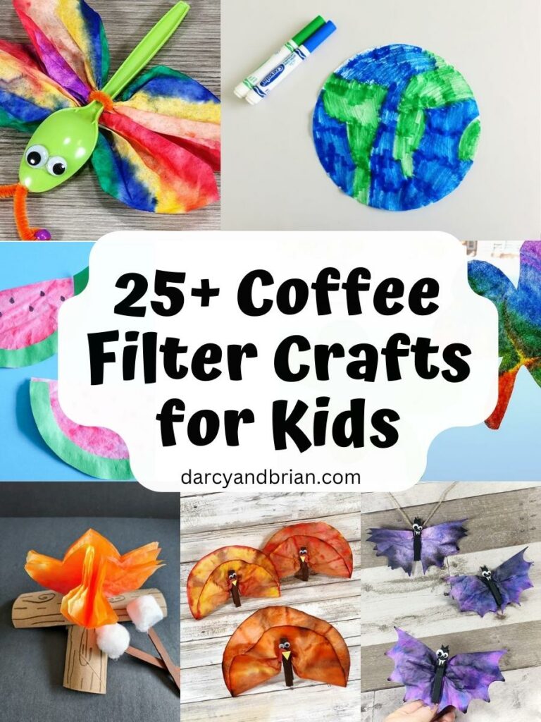 Image collage of seven different coffee filter crafts: dragonfly, Earth, watermelon, shamrocks, campfire, turkeys, and bats.