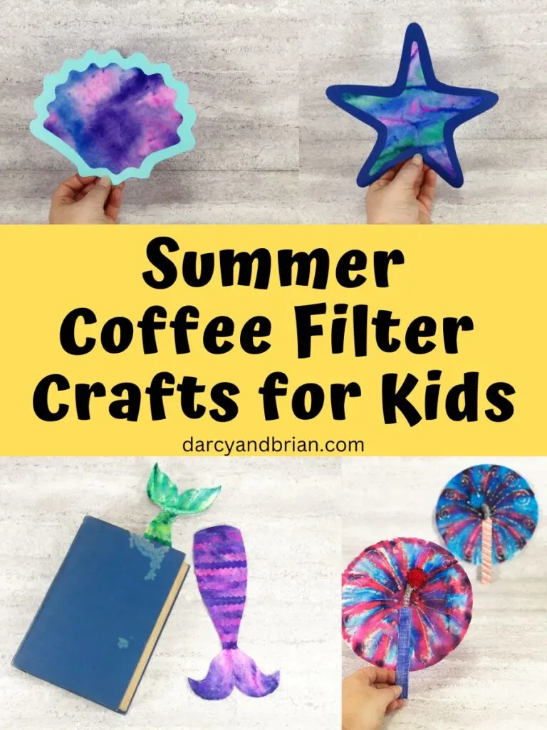 Four different summer themed crafts made with coffee filters in an image collage. Includes a seashell, starfish, mermaid tail, and fireworks.