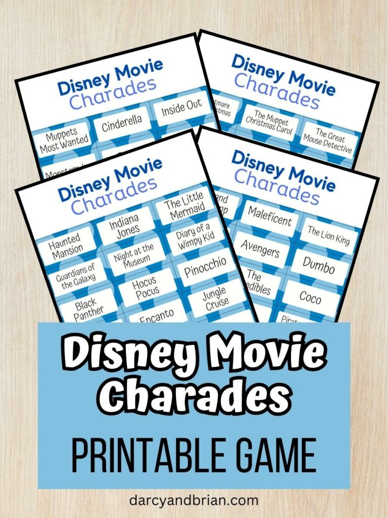 Preview of four pages of Disney Movie Charades word cards overlapping each other on a desk background.