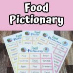Black and white text on a light pink background at the top of image says Free Printable Food Pictionary. Below text is a picture of four pages with food words printed out.