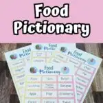 Black and white text on a light pink background at the top of image says Free Printable Food Pictionary. Below text is a picture of four pages with food words printed out.