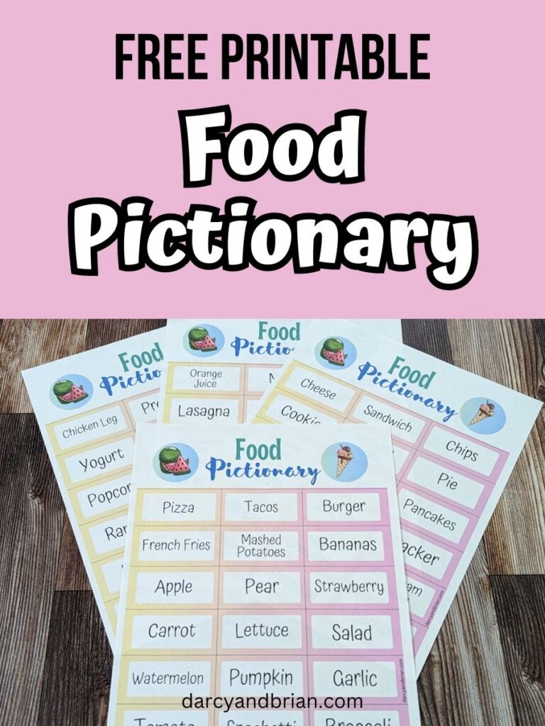 Black and white text on a light pink background at the top of image says Free Printable Food Pictionary. Below text is a picture of four pages with food words printed out.
