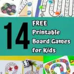 Image collage of different printable board games for kids to play.