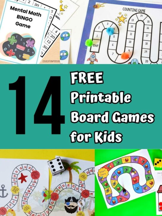 Image collage of different printable board games for kids to play.