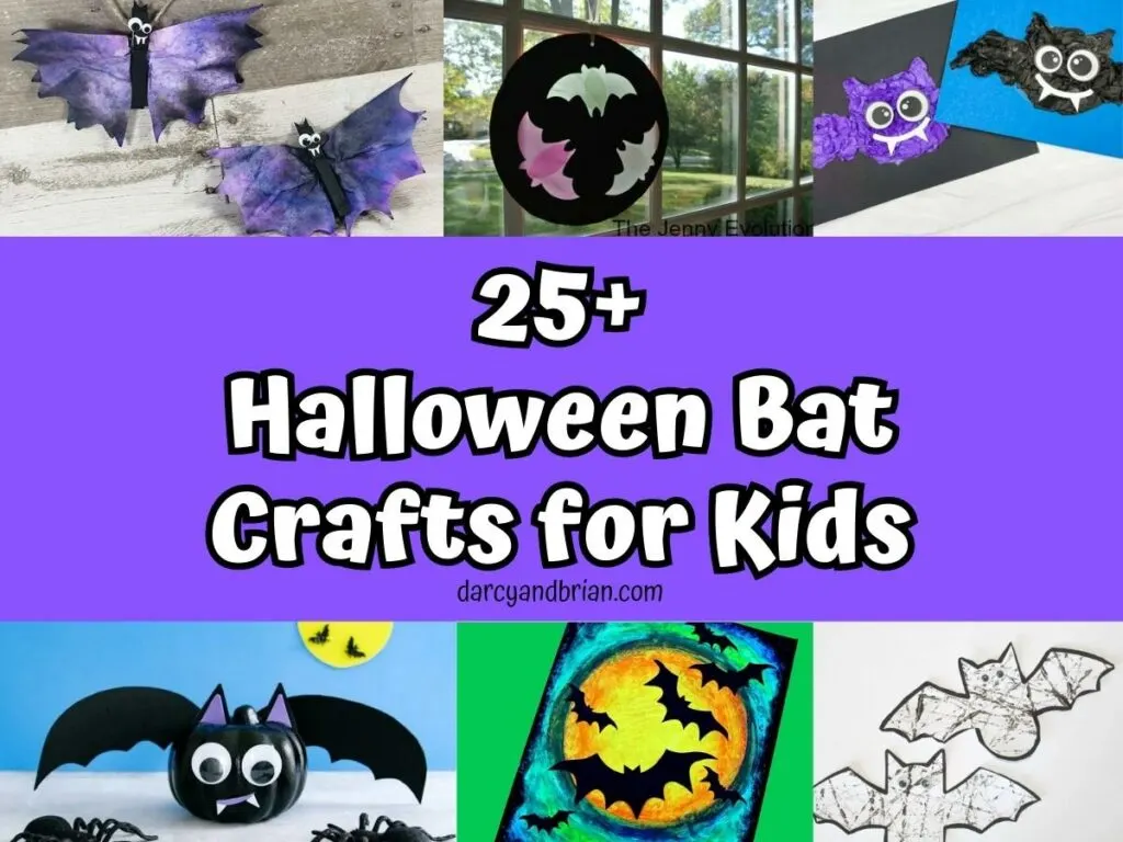 Collage image of different bat Halloween crafts for kids.