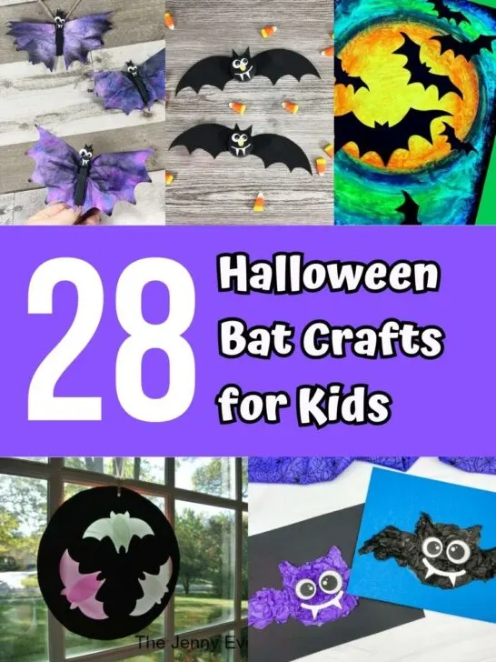 Collage of different bat crafts kids can make for Halloween.