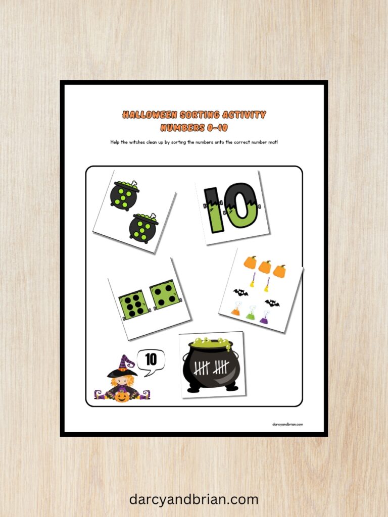 Mockup of number 10 mat with Halloween themed sorting cards with different representations of numbers.