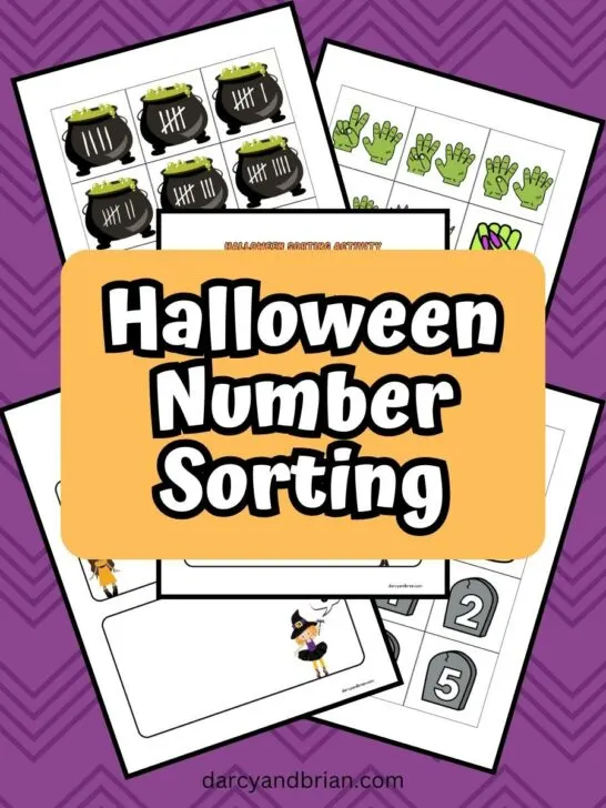 Several pages of the printable game are overlapping in a digital mockup on a textured purple background. In the middle is a light orange square obscuring some of the pages. White text outlined in black in the orange square says Halloween Number Sorting.