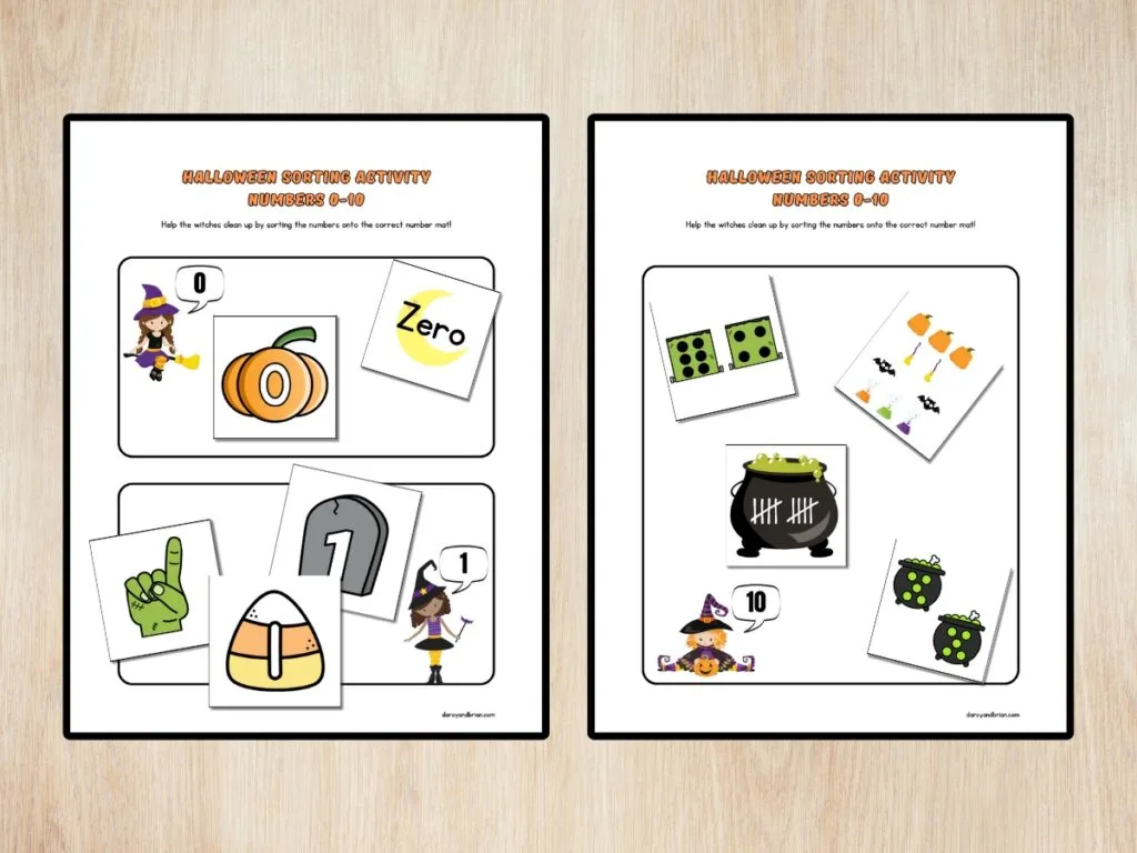 Mockup image of two printable sorting mats. Left one for numbers zero and one. Right one for number ten. Multiple cards placed on each mat with the matching numbers. All the images are Halloween related.