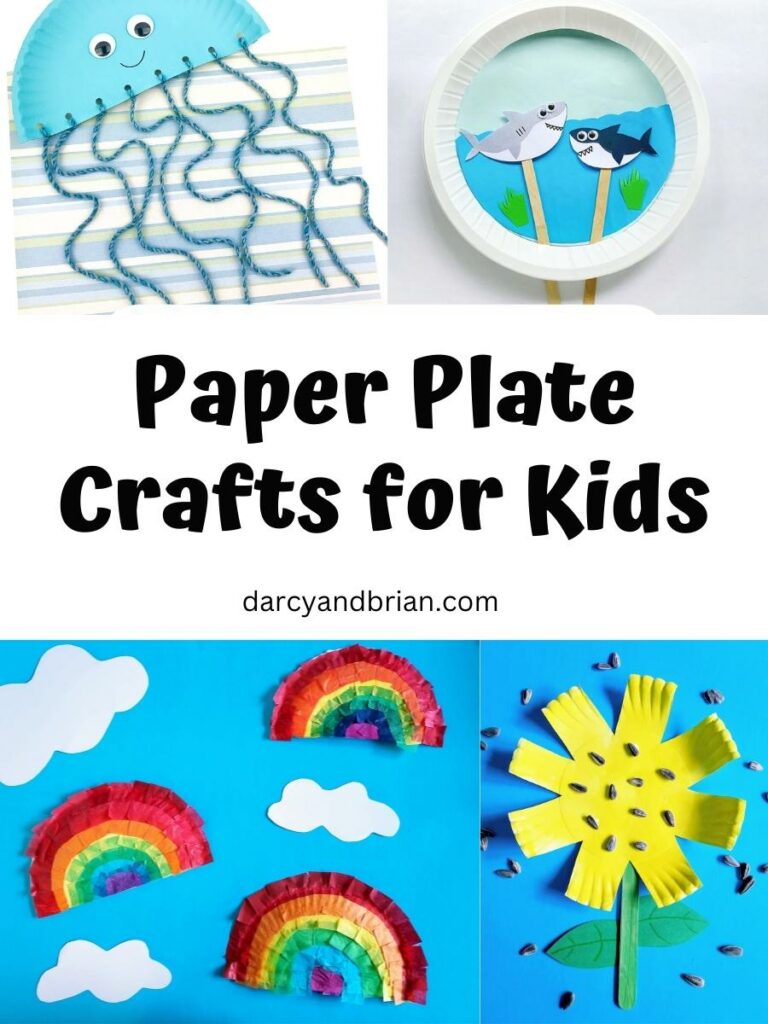 Image collage of paper plate crafts for kids including a jellyfish, moving sharks, rainbows, and a sunflower.
