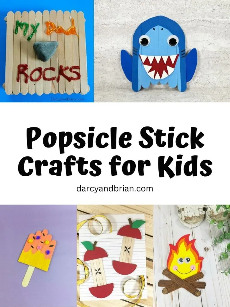 Collage of popsicle stick craft projects for kids to make. Creations include a box for Father's Day, a shark, an apple, a popsicle, and a campfire.