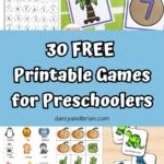 Image collage of different printable games that preschool children can play.