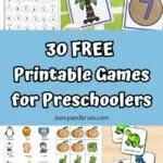 Image collage of different printable games that preschool children can play.