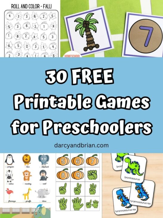 Image collage of different printable games that preschool children can play.