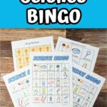 Three of the bingo cards are printed and fanned out on the table over calling cards and game tokens. Above photo is white text on blue background that says Science Bingo.