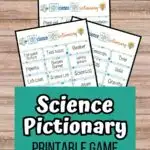 Three overlapping mockup pages on a desk background. Bottom portion is covered by a teal rectangle with white and black text that says Science Pictionary Printable Game.