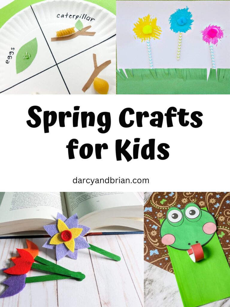 Pictures of different kids crafts in a collage. Projects shown include felt flowers, frog paper bag puppet, butterfly life cycle, and truffula trees.