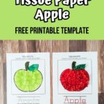 White and black text on light green background that covers the upper section of the image says Tissue Paper Apple Free Printable Template. Below is a photo of two complete craft projects. The left apple is green and the right apple is red.