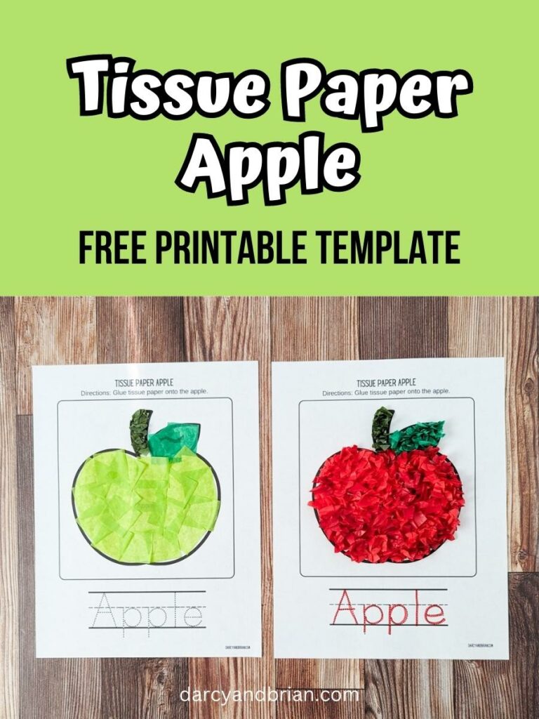 White and black text on light green background that covers the upper section of the image says Tissue Paper Apple Free Printable Template. Below is a photo of two complete craft projects. The left apple is green and the right apple is red.