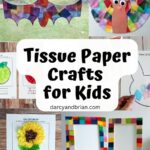 Collage of various tissue paper craft projects kids can make.