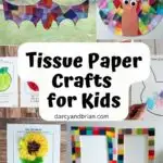 Collage of various tissue paper craft projects kids can make.