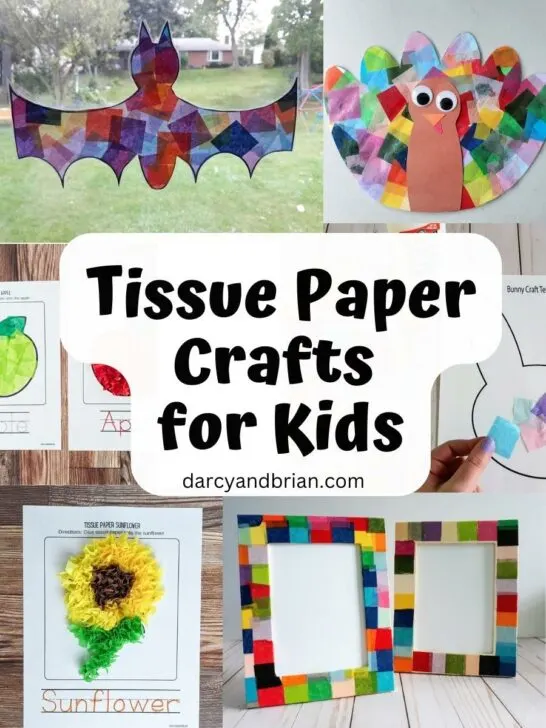 Collage of various tissue paper craft projects kids can make.