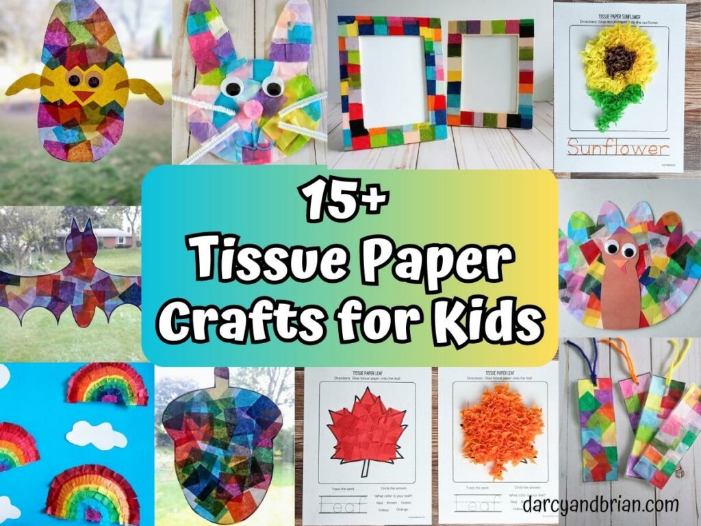 Collage of 10 different tissue paper kid crafts.