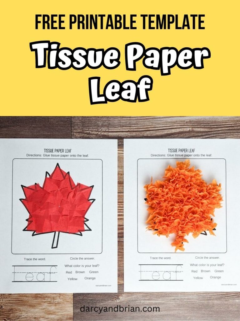 Two leaf crafts made using tissue paper on a printable template laying side by side. Above the photo is text on a yellow background that says Free Printable Template Tissue Paper Leaf.