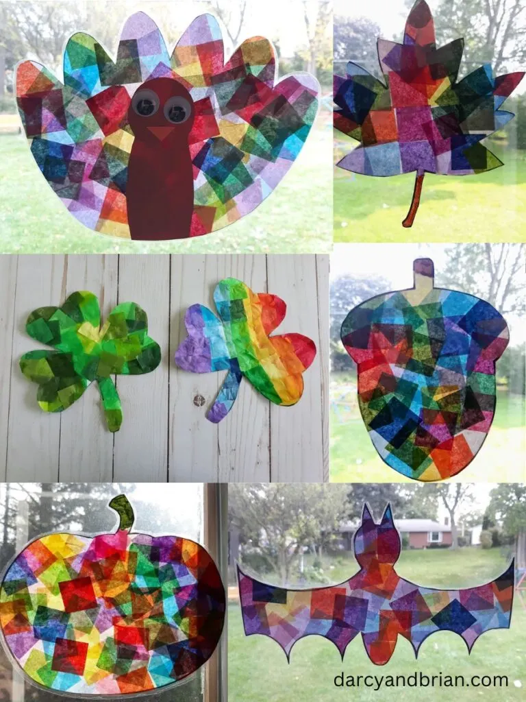 Six image collage of tissue paper suncatchers featuring a turkey, leaf, shamrock, acorn, pumpkin, and bat.