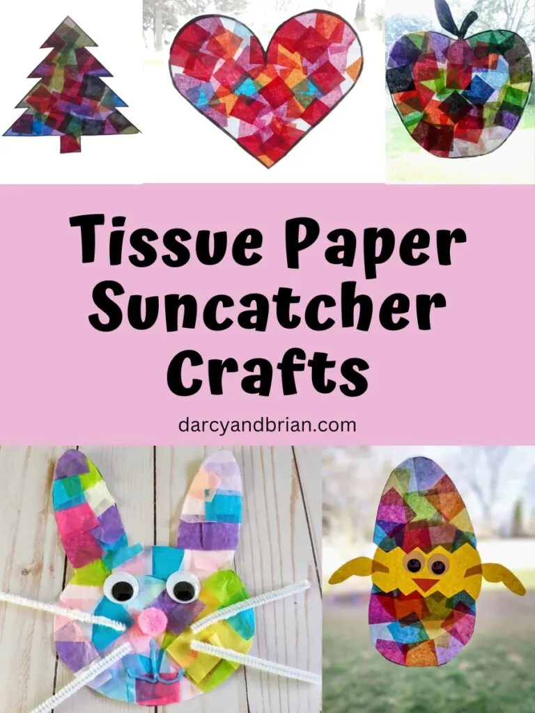 Collage of five suncatcher crafts made using tissue papers.