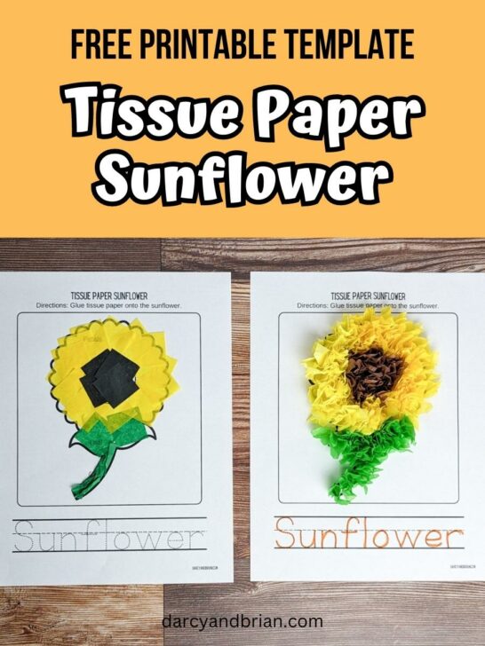Overhead view of two completed tissue paper sunflower crafts using a printable template. Text on orange background above photo says Free Printable Template Tissue Paper Sunflower.