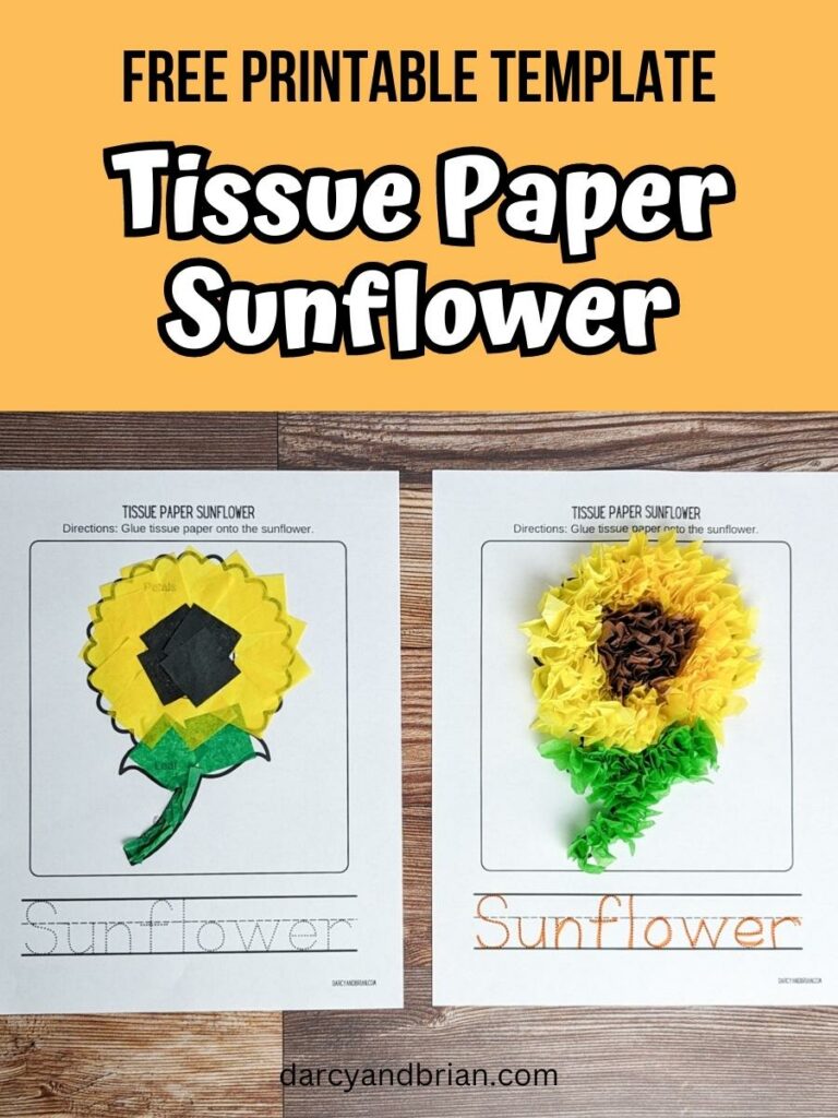 Overhead view of two completed tissue paper sunflower crafts using a printable template. Text on orange background above photo says Free Printable Template Tissue Paper Sunflower.