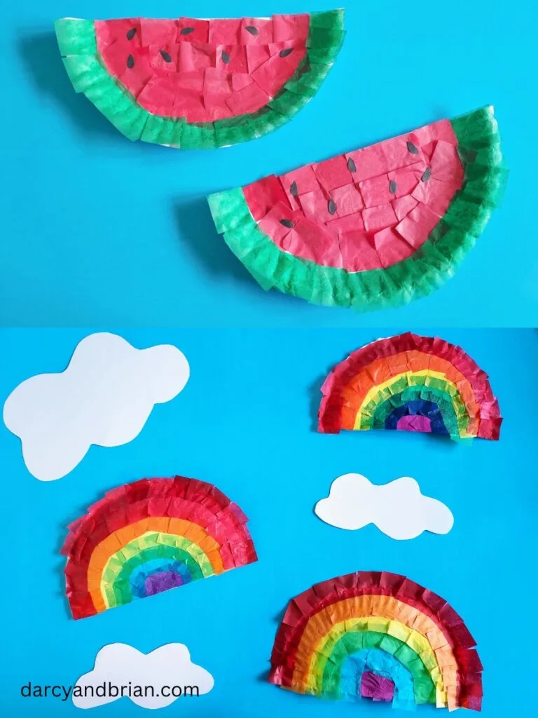 Pictures of two different crafts made with tissue paper and paper plates. Top one is watermelon slices and bottom one it rainbows.