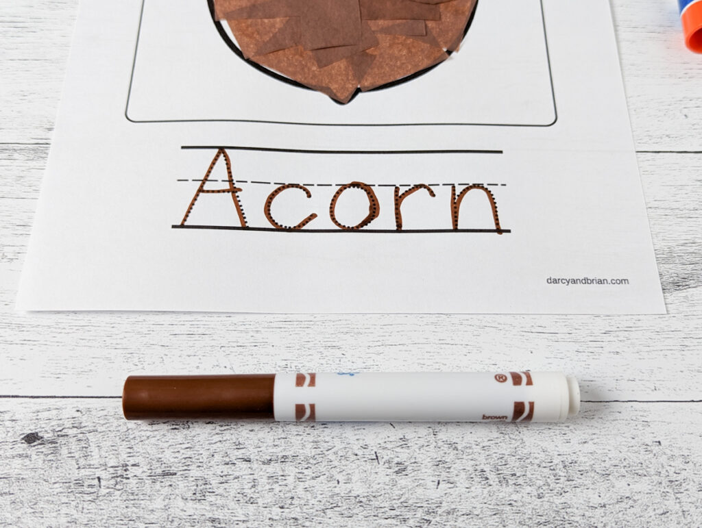 Close view of the word acorn traced with a brown marker.