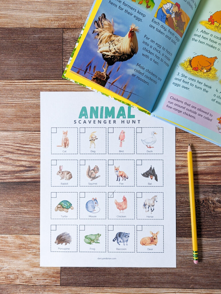 Pictures of wildlife animals and farm animals in a grid with checkboxes. A book open to information about chickens lays by it.