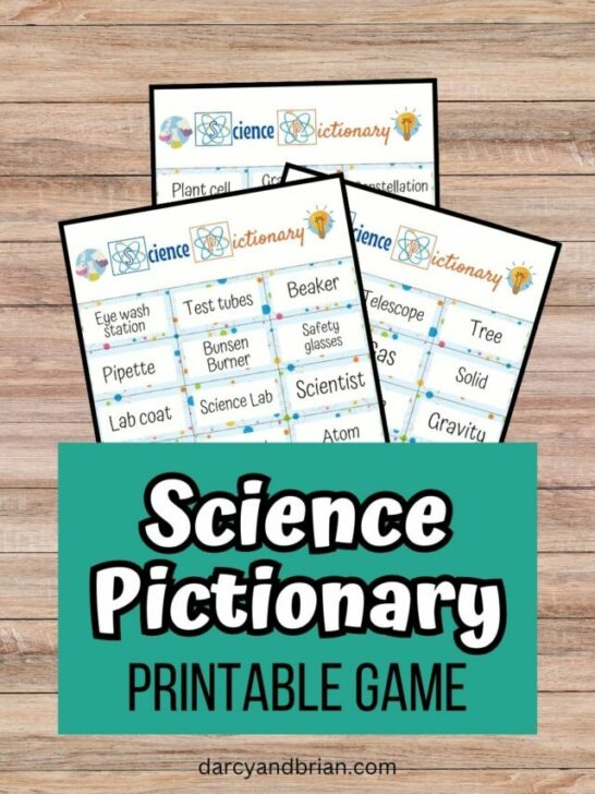Three overlapping mockup pages on a desk background. Bottom portion is covered by a teal rectangle with white and black text that says Science Pictionary Printable Game.