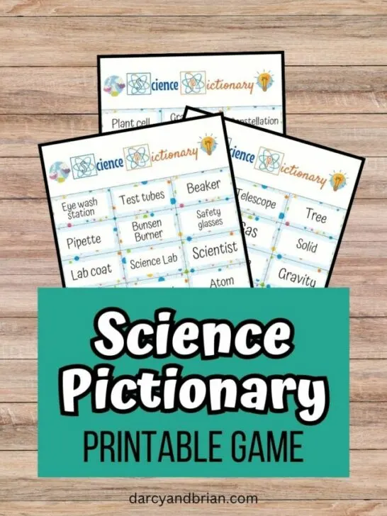 Three overlapping mockup pages on a desk background. Bottom portion is covered by a teal rectangle with white and black text that says Science Pictionary Printable Game.