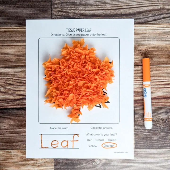 Completed orange tissue paper leaf craft. Orange marker laying on the side was used to trace the word Leaf and circle the word orange.